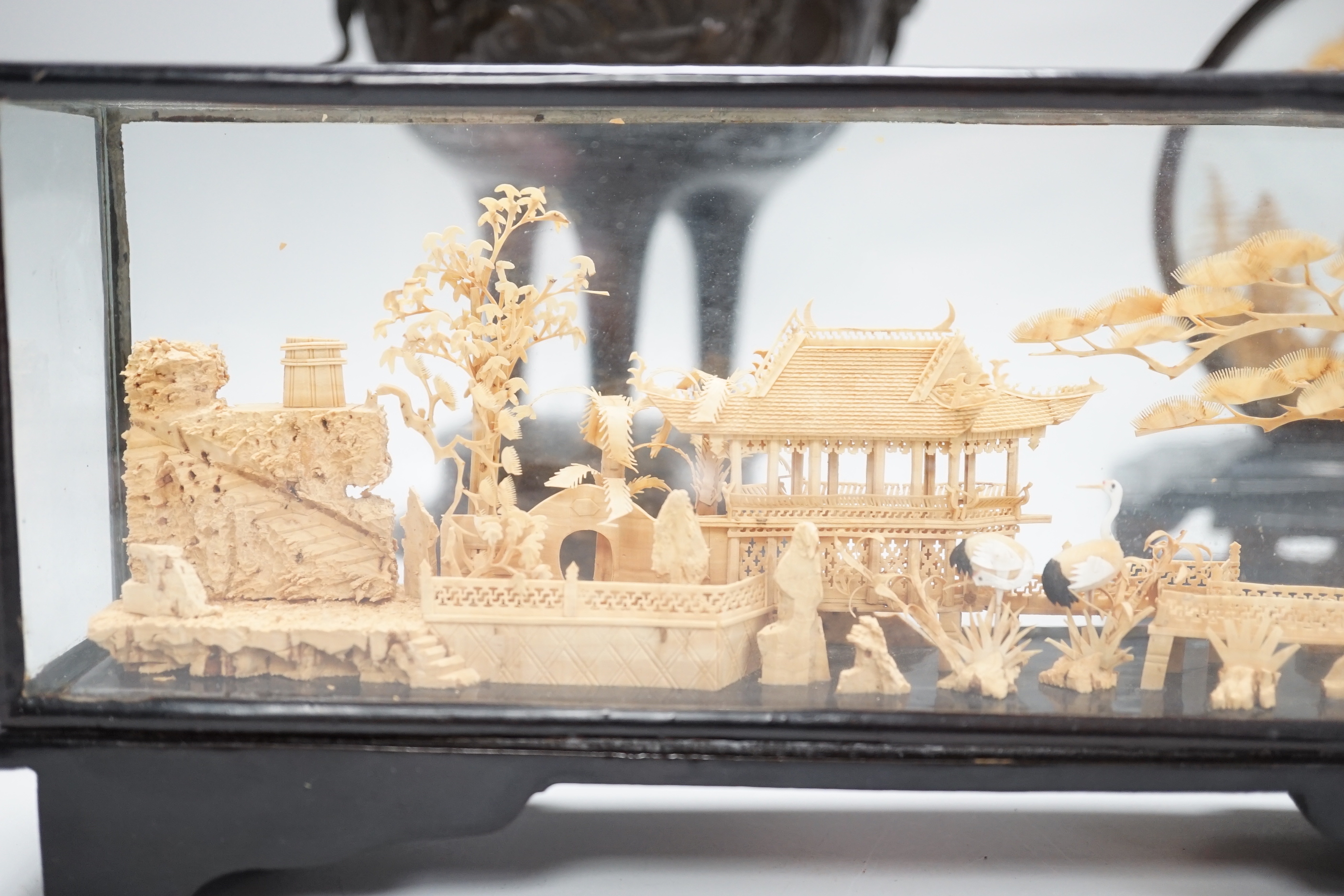 A Japanese bronze koro, a Chinese enamelled porcelain jar and cover jar and two cork dioramas